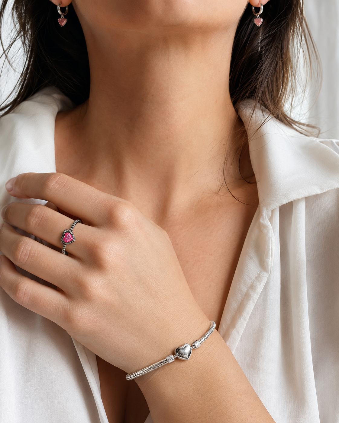 Conjunto Corazón Rosa en Plata: anillo, pulsera y pendientes