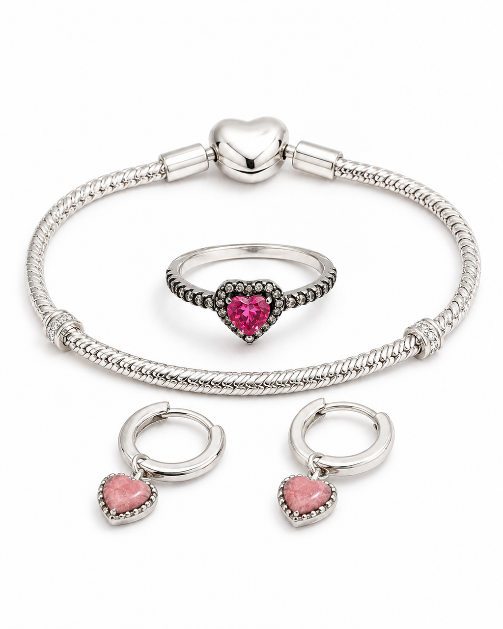 Conjunto Corazón Rosa en Plata: anillo, pulsera y pendientes