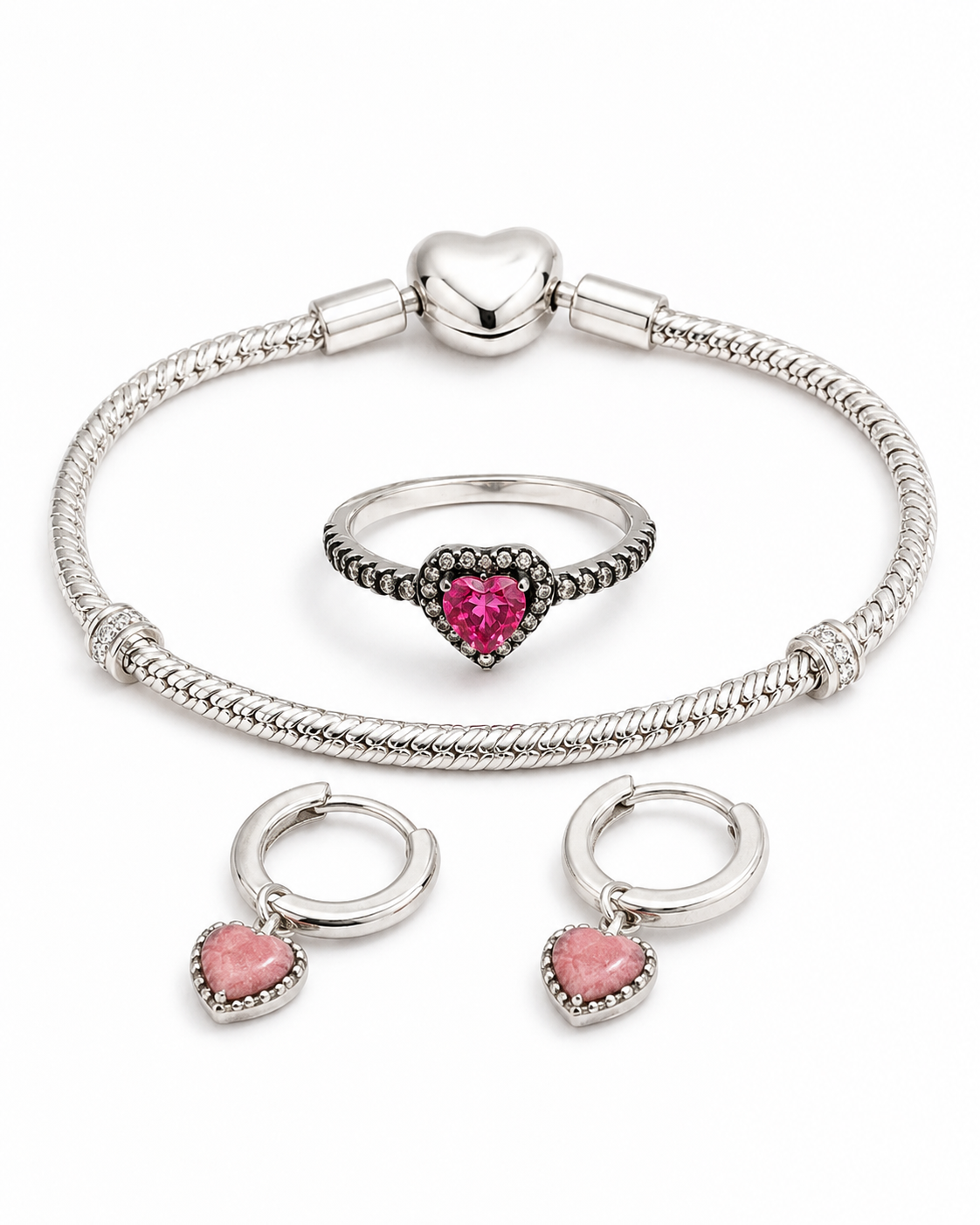 Conjunto Corazón Rosa en Plata: anillo, pulsera y pendientes