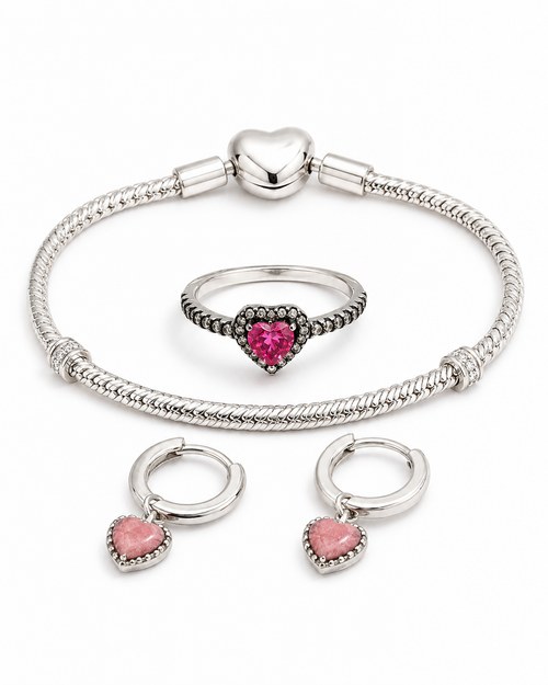 Conjunto Corazón Rosa en Plata: anillo, pulsera y pendientes