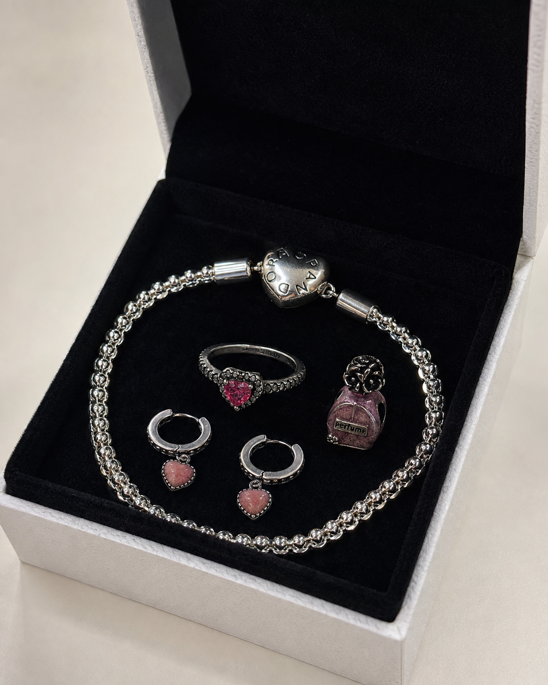 Conjunto Corazón Rosa con Pulsera y Charm Perfume