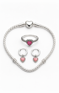 Conjunto Corazón Rosa en Plata: anillo, pulsera y pendientes
