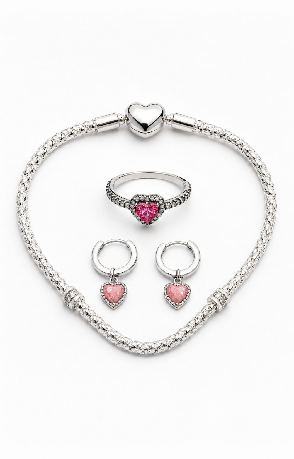 Conjunto Corazón Rosa en Plata: anillo, pulsera y pendientes