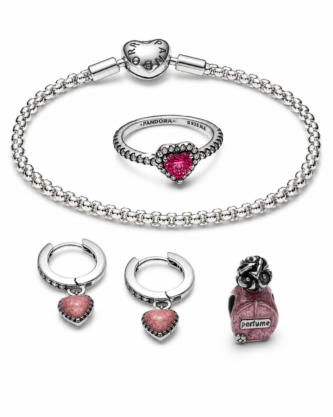 Conjunto Corazón Rosa con Pulsera y Charm Perfume